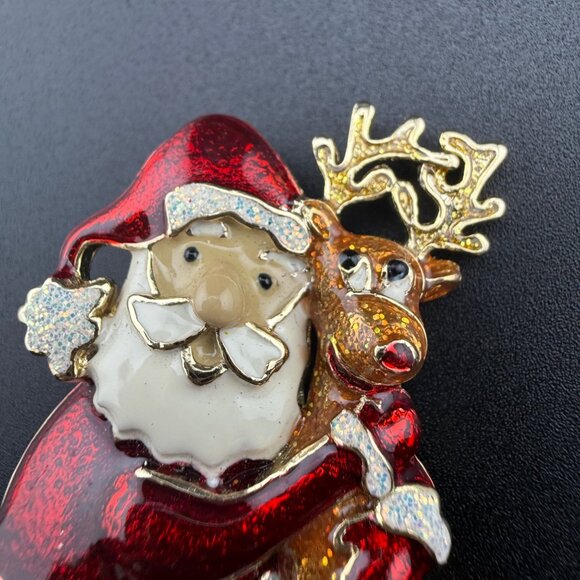 Santa‎ Claus Reindeer Enamel Christmas Brooch Pin Gold-Tone Glitter Accents - Picture 3 of 4